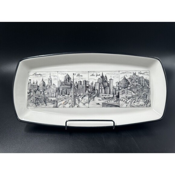 Brunelli Cities London Paris New York Roma Black White Ceramic Rectangular Plate - Picture 1 of 9